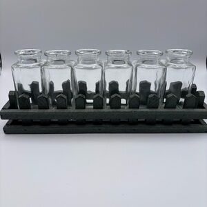 Set of 6 Clear Glass Removable Bottle Vases Green Wooden “Pickett Fence” Stand